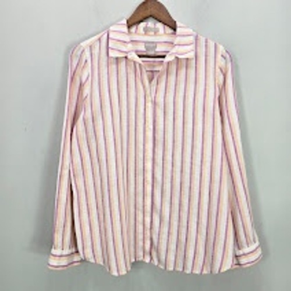 Chico's No-Iron Linen Blend Shir Striped Button Blouse 1 M Resortwear Coastal
